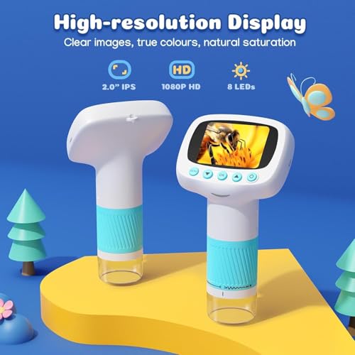 Image of Tobo Microscope for Kids 1000X Portable Handheld Microscopes Base Stand, 2 inch HD Screen Pocket Microscope Support Camera and PC Video Digital Microscopes for Kids Over 3 Years Old (Blue)