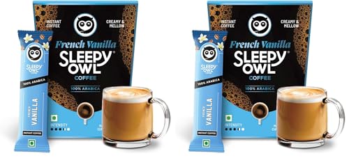 Image of Sleepy Owl French Vanilla Freeze Dried Coffee Sachets | 20g - Pack of 20 x 2g Instant Coffee Powder Sachets | 100% Arabica Beans | Aromatic Coffee Pouch | Rich & Smooth | Easy to Use & Carry