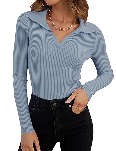 Image of ZESICA Fall Sweaters for Women 2026 Long Sleeve V Neck Ribbed Knit Pullover Tops Casual Slim Fit Basic Tee Shirts