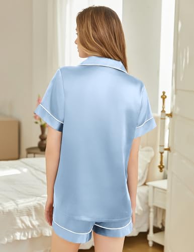 Image of Silk Pajamas for Women Short Sleeve Sleepwear Soft Button Down Loungewear 2 Piece Satin Pjs Shorts Set S-XXL