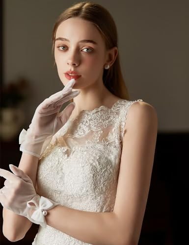 Women Bow Tulle Gloves with Pearls Short Mesh Tea Party Gloves Wedding Bridal Prom Formal Accessories3