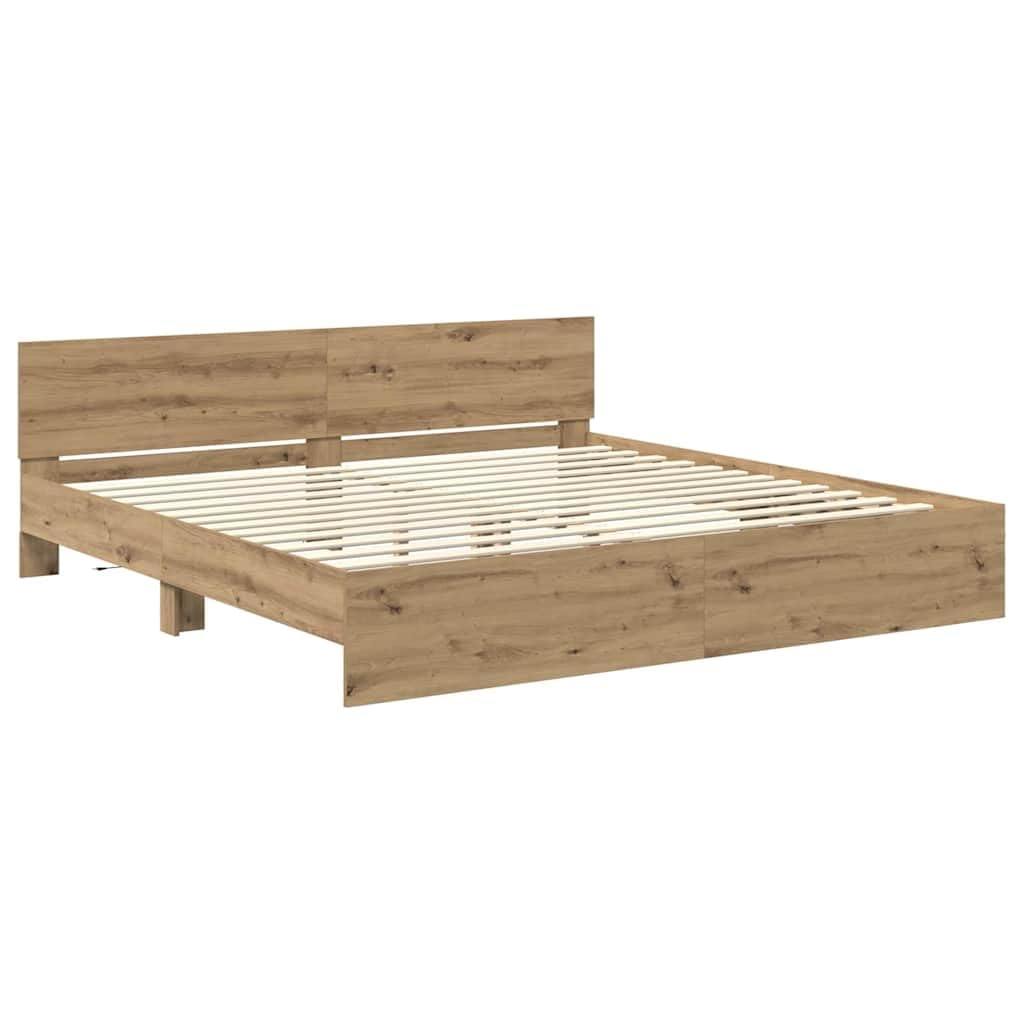 Marco de cama de roble Artisan de madera de 200 x 200 cm con somier y tiras LED para dormitorio de matrimonio con cabecero e iluminación moderna