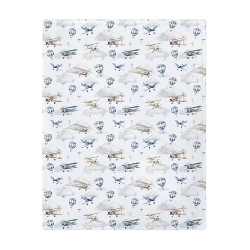 Image of Vintage Planes Airplanes Helicopters Baby Blankets for Boy Girl Hot Air Balloon Plane Clouds Sky Soft Flannel Nursery Bed Blankets for Infant Toddler Crib Swaddle Receiving Blankets 30x40