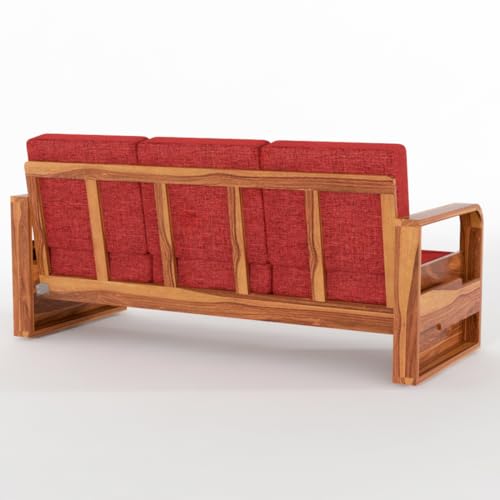 Image of Solid Sheesham Wooden 3 Seater Sofa for Living Room | Sofa with Side Pocket Storage & Cushion | Rosewood Sofa Set for Home (Honey with Red Cushion, 3 Seater)
