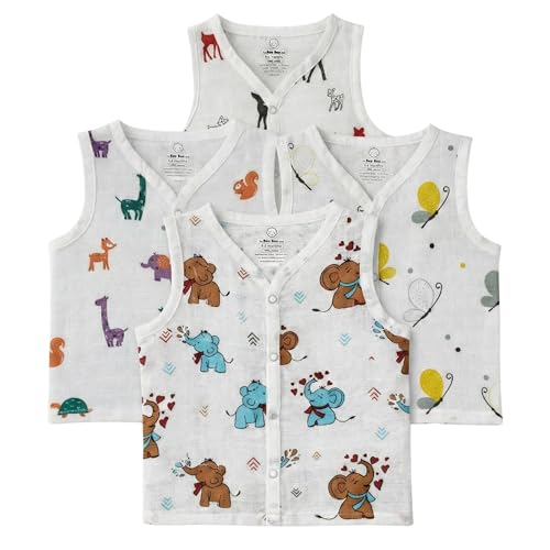 Image of The Boo Boo Club Unisex Organic Cotton Baby Jhabla|Pack of 4 Newborn Sleeveless Jabla|3 to 6 Months Infant Summer Wear|Soft&Breathable Muslin Fabric Easy Button Closure Regular Fit Vest,Multicolor
