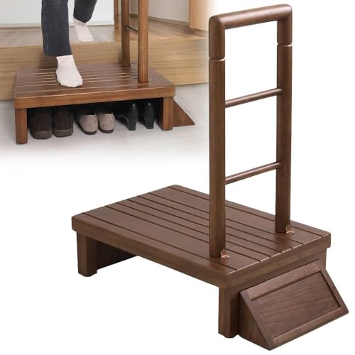 iimono117 手すり付き 踏み台 玄関台 木製 天然木【 幅60cm 90cm 】高さ18cm 安心 耐荷重 100s 手すり台 おしゃれ 玄関 台 段差ステップ ひざ 腰 負担軽減 子供 高齢者 ペット (ブラウン, 幅60p)