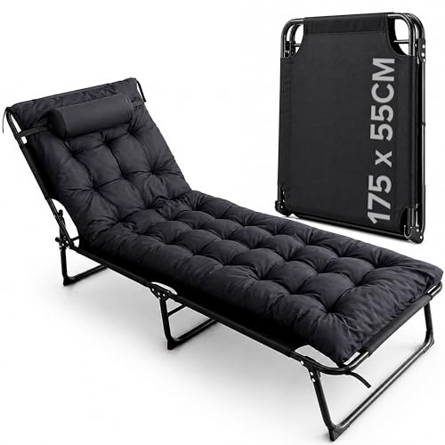 volila Camping Bed - 69 Inch Heavy Duty Folding Bed with Cushion Adjustable Backrest and Pocket - Ideal for Garden Beach Sunbathing