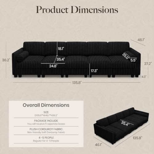 Image of Belffin Oversized Cloud Deep Seat Sectional Sleeper Sofa Bed Corduroy Couch. Black Couch