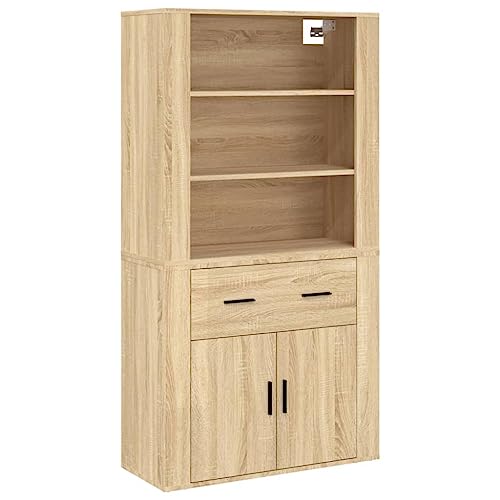 QJBSAVVA Buffet haut en chêne Sonoma avec dessus en bois - Armoire de salon moderne avec beaucoup d'espace de rangement - 2 pièces - Meuble multifonction...