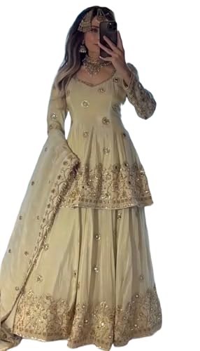 Image of LUXE VIBE Embroidered Embellished chinon semi-beads real mirror work top with chinon lehenga and embroidered dupatta set