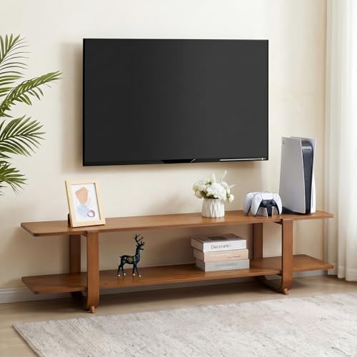 HollyHOME Bamboo TV Stand with Storage for TVs up to 65'', Modern Entertainment Center with 2 Open Shelf, Accent TV Media Console Table for Living Room, Bedroom, 55"(L), Walnut
