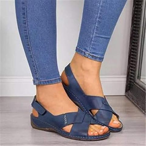 FMOGE Sandals Women's Fashion Flat Sandals Premium Comfort Orthopedic Sandals with Arch Support, Ladies Summer Walking Sandals for Outdoor Sport, Beach Traveling Roman Sandals,Blue,39 Cover