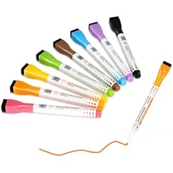 AMUSIGHT 8 Colors Magnetic Dry Erase Markers | Fine Tip White Board Markers with Eraser, Low Odor Thin Dry Erase Markers for Work on Board, Calender & Refrigerator