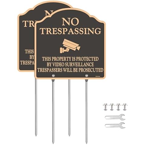 Doninex (2 Pack) Large No Trespassing Sign, Private Property Video Surveillance Signs, Reflective, Aluminum, Metal Stakes Included, Weatherproof Up to 7 Years Outdoor for Yard, 12X12 Inches Cover