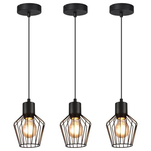 Lichtmaler Pendelleuchte Esstisch Hängeleuchte Schwarz - Pendellampe E27 1 Flammig Hängend Lampen Metall Lampenschirm Hängelampe Industrie Wohnzimmerlampe für Küche Schlafzimmer Cafe,3 Stück