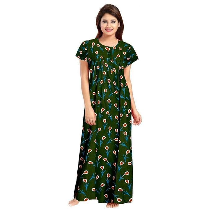Image of NILOUFO Women's Cotton Printed Maxi Nighty - Pack of 2 | Soft Ankle-Length Sleepwear Gowns for Women | Free Size Night Dresses (Green,Blue, Free Size)