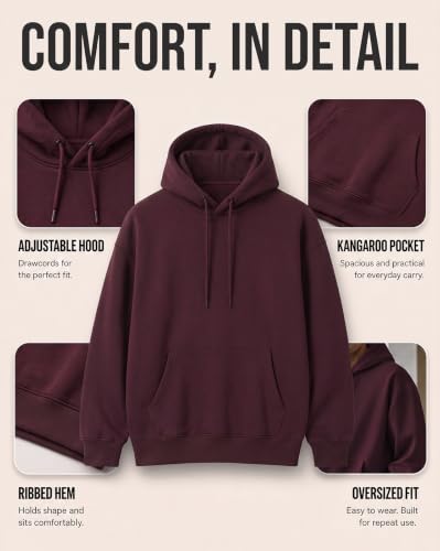 Image of NOBERO Oversized Solid Hooded Sweatshirt for Men | Oversized Hoodie for Men | Hooded Pullover | Cotton Rich Printed Hoodie 280 GSM Fleece