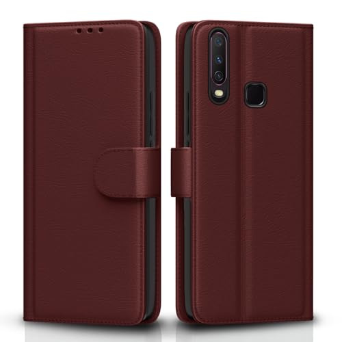 Image of Pikkme Flip Cover for Vivo Y12 / Y15 / Y17 / U10 Leather Finish | Inside TPU with Card Pockets | Wallet Stand and Shock Proof | Complete Protection Flip Case (Brown)