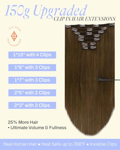 Image of Full Shine Dark Brown Clip in Hair Extensions Human Hair, 22 Inch 150g 7Pcs | Invisible Clip Ins Straight Hair Extensions for Long Length & Styling, Soft Natural Look, Layered Hairstyles