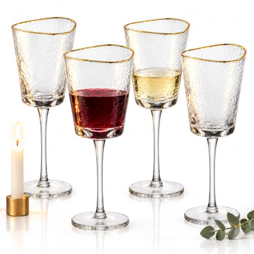 Bec's Designs Gold Rim Wine Glasses Set of 4, 10oz Triangle Hammered Glass