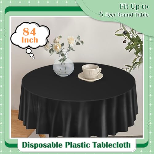 Image of Black 14 Pack 84 Inch Plastic Tablecloths, Disposable Round Plastic Tablecloth, Party Table Cover Plastic Table Cloth