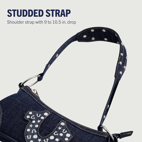 True Religion Women's Shoulder Bag Purse, Mini Travel Handbag with Studded Horseshoe Logo, Denim4