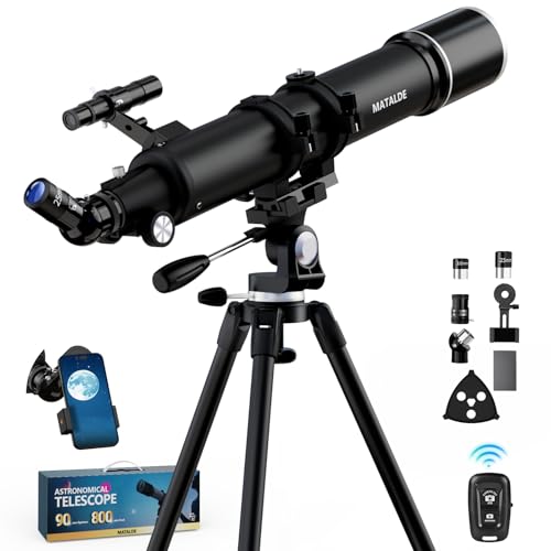 Telescópio de abertura de 90 mm, refrator de distância focal de 800 mm para iniciantes e usuários avançados, telescópio de astronomia profissional com ampliação de 32 x 240 x, montagem EQ, lente