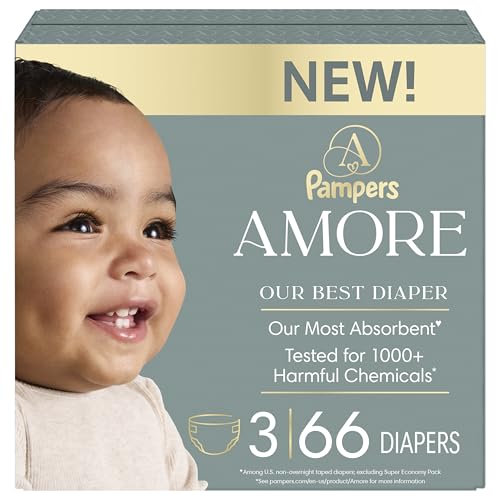 Image of Pampers Amore, Size 3 (13-26 lbs), 66 Count, Our Best Diaper – Hypoallergenic & Fragrance Free, Up to 100% Leakproof, Soft as Cashmere