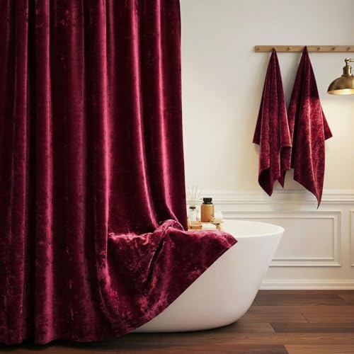 TAMGHO Burgundy Red Shower Curtain for Bathroom, Luxury Crushed Velvet Shower Curtain Red, Dark Shower Curtain Set with Gold Decro Metal Hooks, Machine Washable Thick Fabric, Burgundy, 72 x 72 inches