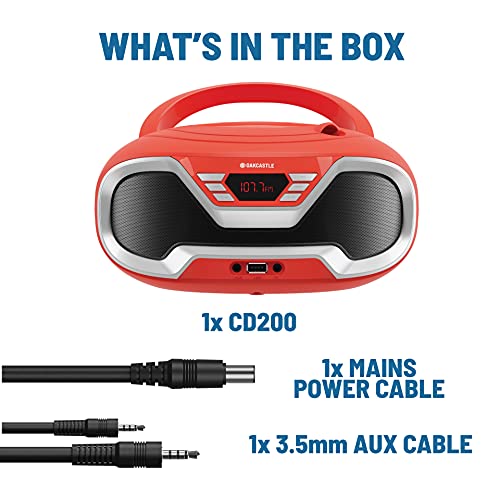 Oakcastle CD200 Draagbare CD-speler Boombox met Bluetooth & FM-radio, 3,5 mm AUX-hoofdtelefoonaansluiting en USB-ingang, voeding en batterijmuzieksysteem voor volwassenen en kinderen met stereoluidsprekers (rood) - Image 7