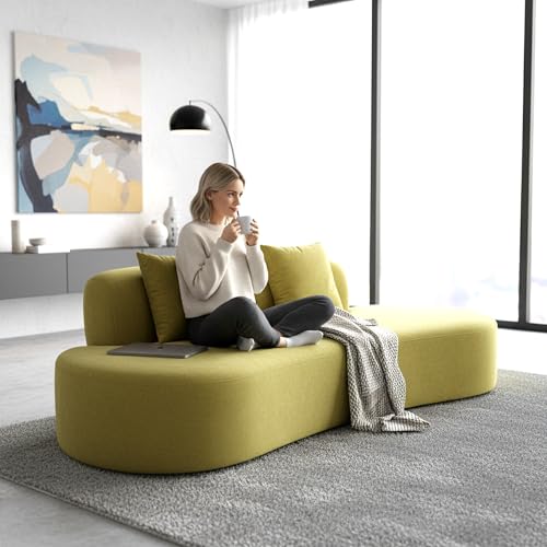 Container Furniture Direct 90" Curved Sofa with Throw Pillows, 4 Seater Luxury Velvet Couch with Half Moon Design and High-Density Foam, for Modern Living Room, Office & Apartment, Olive Green