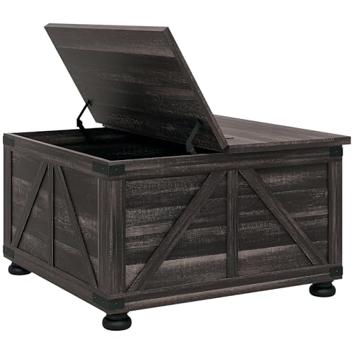 HOMCOM Farmhouse Hinged Lift Top Coffee Table, Square Center Table with Flip-top Lids, Living Room...