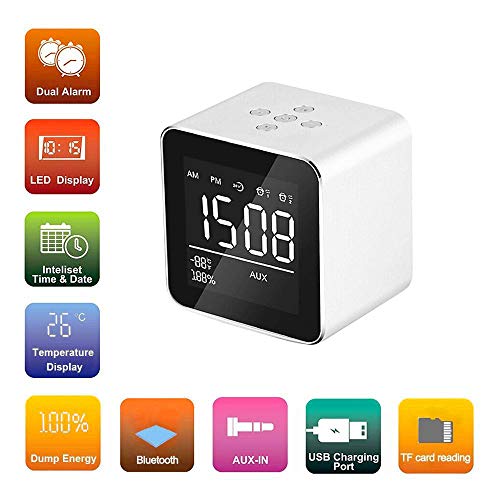 TechCode Digital Alarm Clock, Portable Bluetooth Speaker LCD Display Digital Mirror Alarm Clock with Snooze Function Stereo Speaker Enhanced Bass Audio Music Player Support TF Card,Silver
