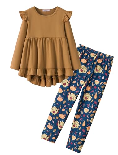 Image of Yekaty Girls Clothes Ruffle Shoulder High Low Hem Long Sleeve Top and Floral Pants 2 Piece Fall Outfits Clothing Set