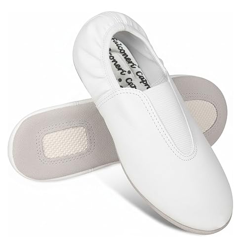 Slip On White Gymnastic Shoes for Women Girls - Pure Leather Dance Shoe with Elastic Ankle - Front V Elastic & Suede Split Sole Ballet Flats Pumps for Child Kids