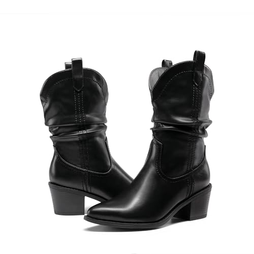 Image of DREAM PAIRS Women's Cowgirl Boots, Mid Calf Western Cowboy Chunky Heel Boots, Slouchy & Pull-on Ankle Booties for women