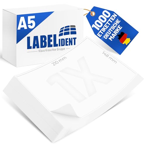 Etichette per spedizioni su fogli DIN A5, 210 x 148 mm, 1.000 etichette di carta su 1.000 fogli, etichette autoadesive A5 per DHL, DPD, Fedex, GLS, Hermes, UPS