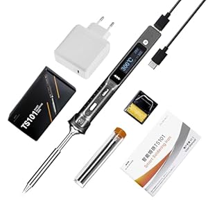 MINIWARE TS101 mini-soldeerboutset, instelbare temperatuur 50 °C – 400 °C, programmeerbaar, USB Type-C, OLED-display, USB-oplader, zwart