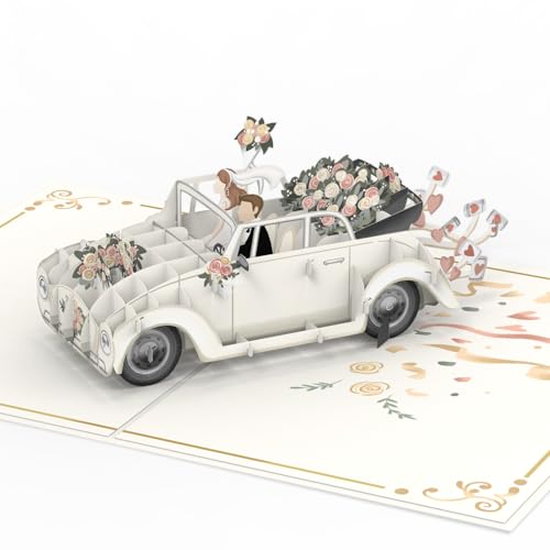 papercrush® Biglietto pop-up con auto just married per matrimonio - Elegante biglietto di auguri per matrimonio 3D, Regalo in denaro per viaggi di nozze o luna di miele di sposi (marito, sposa)