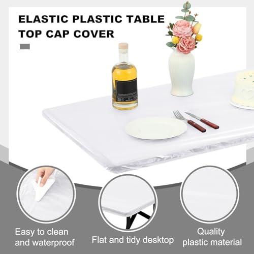 Image of Boao 12 Plastic Elastic Fitted Tablecloths, 6 Ft, 72 x 30 Inch, White