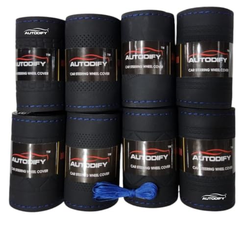 Image of Black with Blue Stitch Leather Steering Wheel Cover Universal Fit, Anti-Slip, Breathable, Comfortable Grip, Durable & Stylish for Cars Easy Install Long Lasting Protection