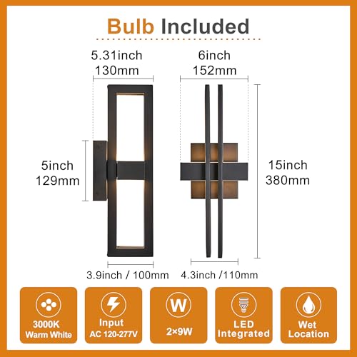 Image of Outside Light 2 Pack, 15Inch Small Black Outdoor Wall Sconce Waterproof Exterior Light Fixture, Modern Wall Mount, Decorative LED Lighting for Patio Garage Yard Backyard Apartment Balcony