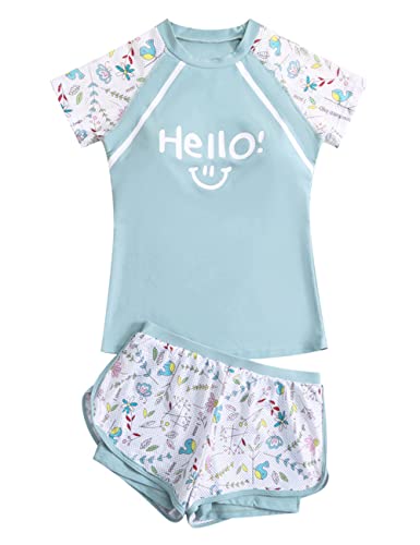 Image of Girls Short Sleeve Rash Guard Sets Swimsuits Two-Piece Beach Swimwear Quick Dry Bathing Suits UPF 50+ 8-16 Years