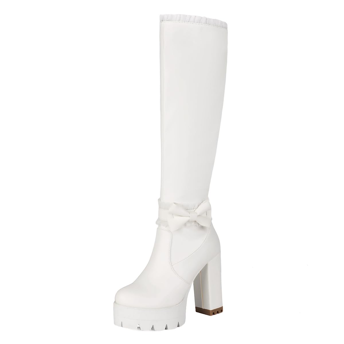 Fashion Knee High Dressy Boots For Womens Round Toe Zipper Platform Chunky Heels Wide Calf Riding Boot