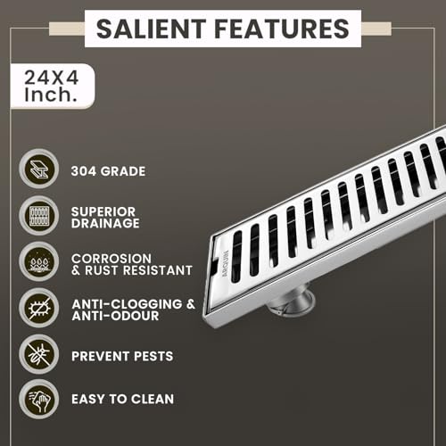 Image of EVANEX Bathroom Drainer | 24x4 Inches Shower Drain Channel | Waste Water Linear Floor Drain Channel | 304 Stainless Steel Bathroom Drainer with Anti Cockroach Trap | Bathroom Jali