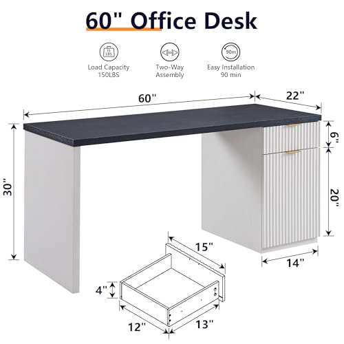 Image of 60 inch Fluted Home Office Desk, Reversible Left‑Right Cabinet, Built‑in Outlet | Reversible design lets you fix the cabinet on left‑hand or right‑hand side to fit your room layout