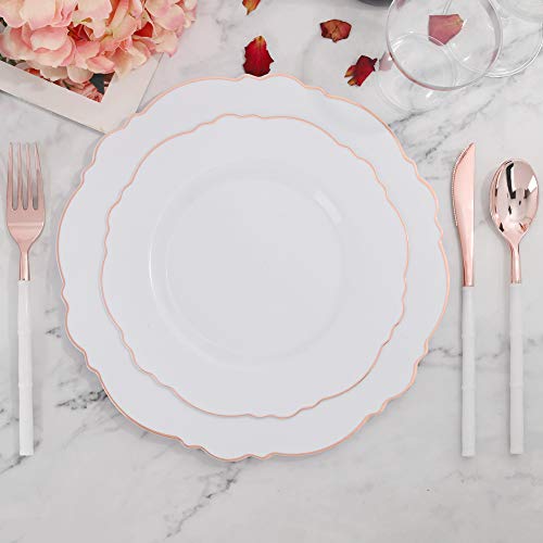 Wdf COUERT 60Pcs Rose Gold Plastic Plates-Baroque White &Rose Gold Disposable Plates Including 30Plastic Dinner Plates 10.25Inch thumb #3