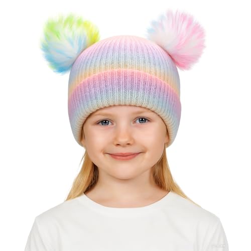 Little Girls Rainbow Pompom Beanies Hats Kids Winter Knitted Beanie Cap for Outdoor Snow Ski Skull Cap Age 3-8