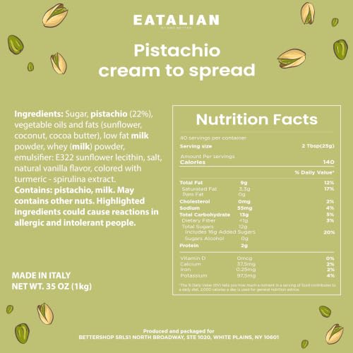 Image of EATALIAN by AMZ BETTER Pistachio Cream, 2.2 lb /1000 g, Delicious Spreadable with a Sweet and Unique Taste, Ideal on Bread and with Ice Cream, Excellent for Dubai Chocolate, Made in Italy
