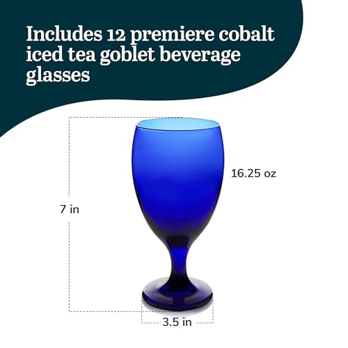 Libbey 4116SRB Premiere Cobalt Iced Tea Glasses, Stylish Cobalt Blue Drinking Glasses Set Of 12, Dishwasher Safe Stemmed Water Goblets thumb #2